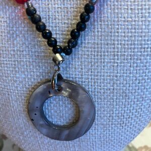 MOTHER OF PEARL PENDANT ON SEED BEAD AND CRYSTAL CHAIN / MATCHED EARRINGS